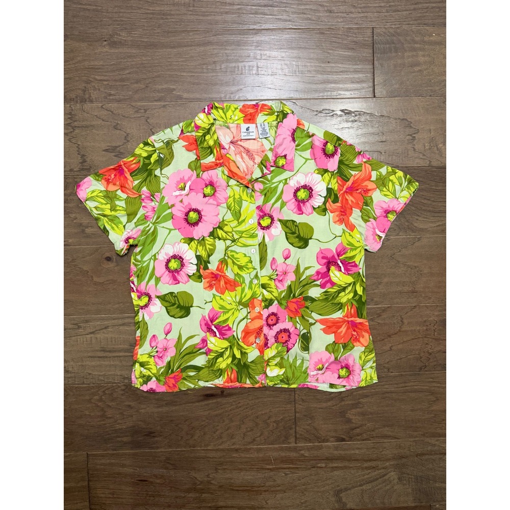 Caribbean Joe Shirt Womens XL Green Silk Blend Floral Tropical Aloha Button Down